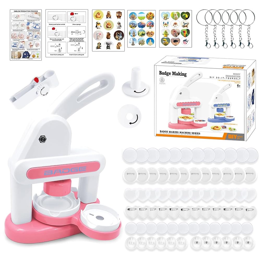 Nzkeuf Badge Maker 35/55mm, Button Maker Machine 85-Piece Set, Badge Making Kit with Pink Pin Badge Maker Machine and Supplies for DIY, School Projects & Family Crafting