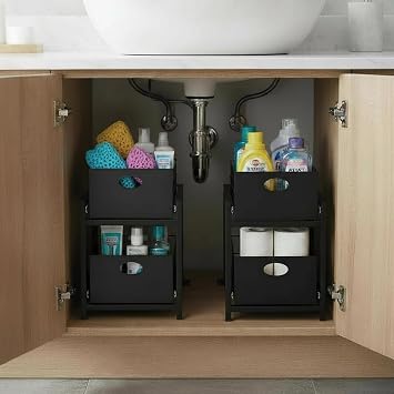 2 Çekmeceli Organizer Sepet – 25x42 cm, Raylı Sistem, Çok Amaçlı Kullanım (Siyah)