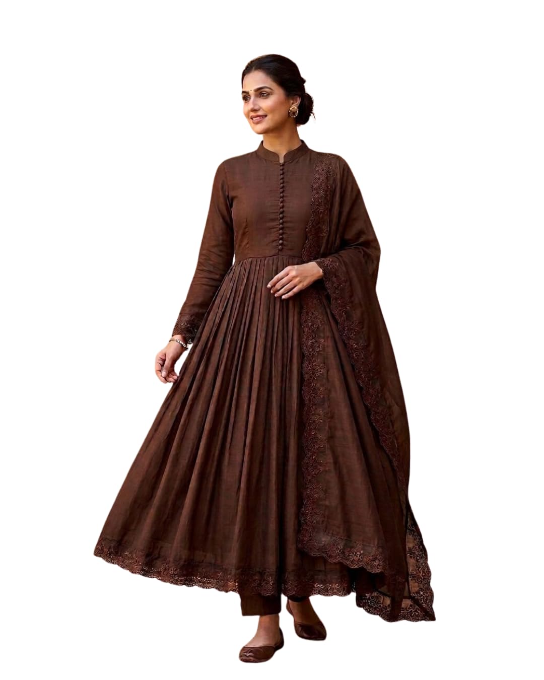 Women's Heavy Roman Silk Embroidered Gown with Bottom & Dupatta Full Sleeve Designer Anarkali Gown Set 3 Piece Set-image-23