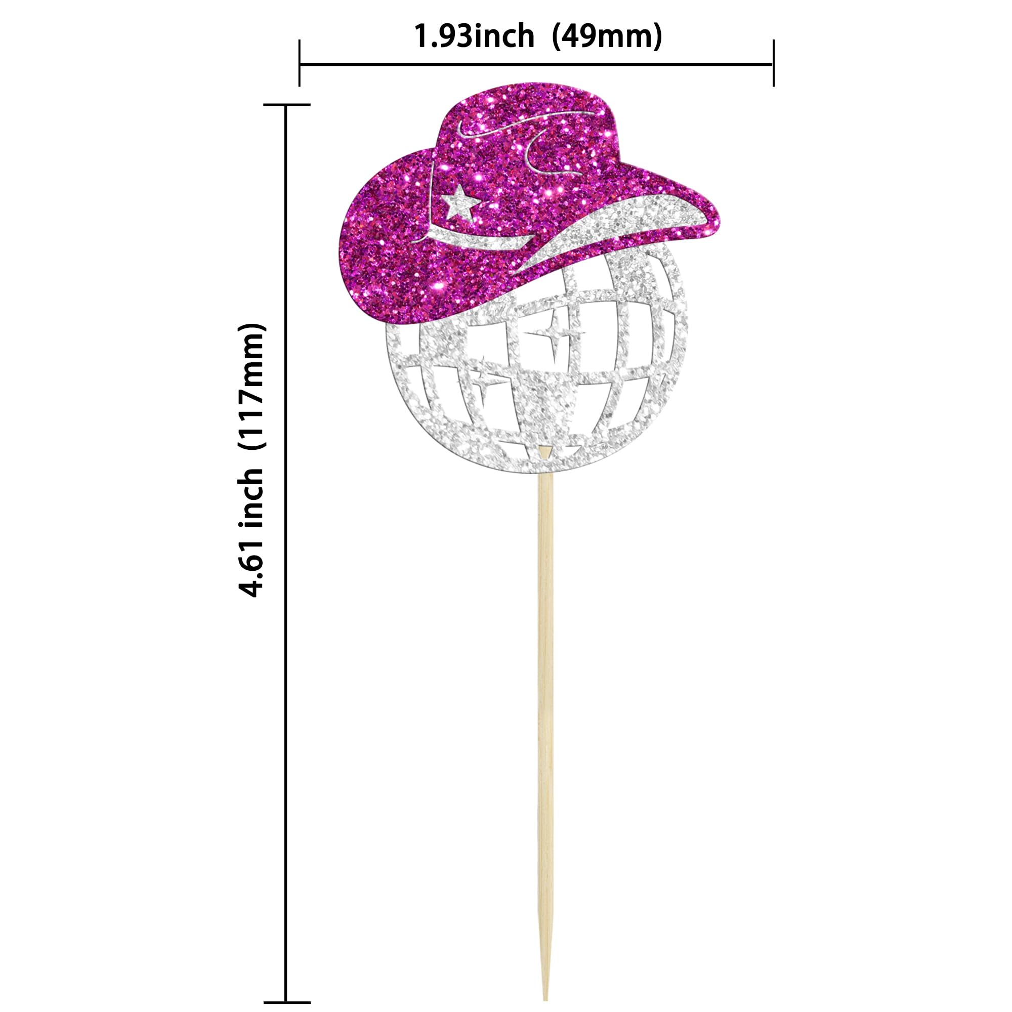 Gyufise 24Pcs Cowgirl Hat Cupcake Toppers - Glitter Cowboy Hat and Disco Ball Picks for 1970s Music Theme Wedding, Bridal Shower, Birthday Party Cake Decorations Supplies - Rose Red