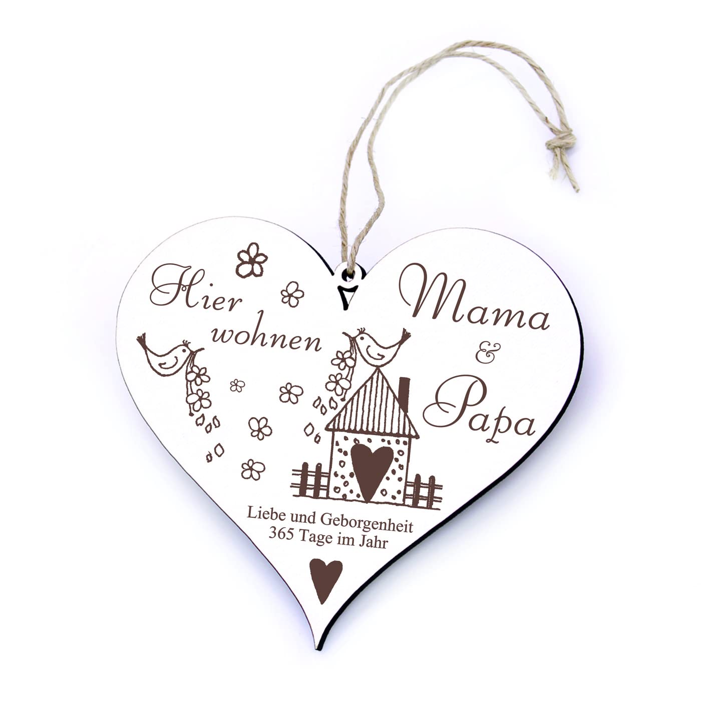 dekolandoPapa Mama Sign Heart with Engraving - Hier wohnen Mama und Papa, Liebe und Geborgenheit 365 Days - Door Sign Lovely Parents Wooden Sign Door Decoration 13 x 12 cm (Hier wohnen Mama & Papa)