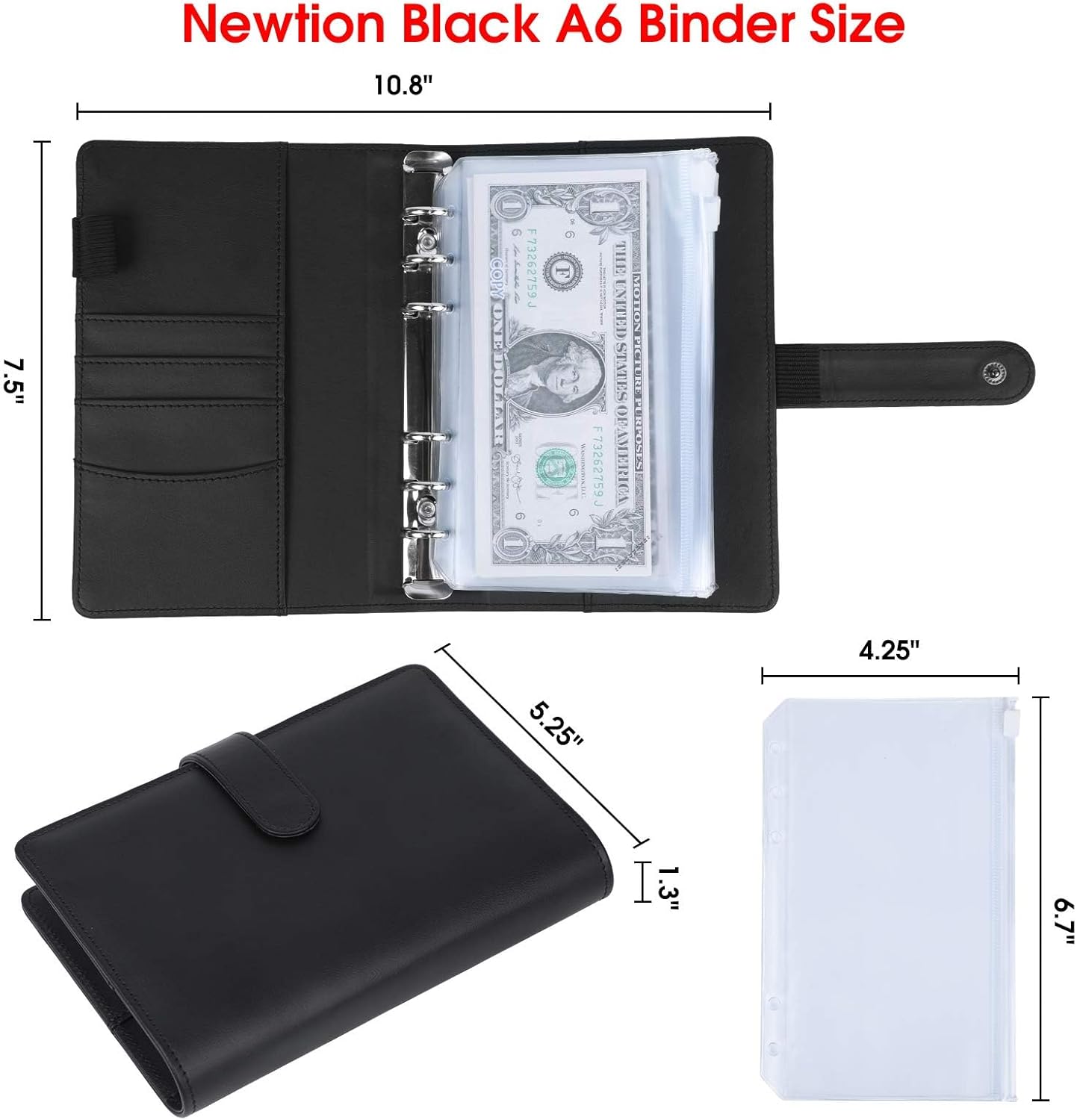 Newtion Black A6 Binder and 12 Transparent PVC Envelopes, Budget Binder with Cash Envelopes for Budgeting, Mini Binder Pockets Money Budget Envelopes Wallet, Small Binder Budget Planner Cash Binder