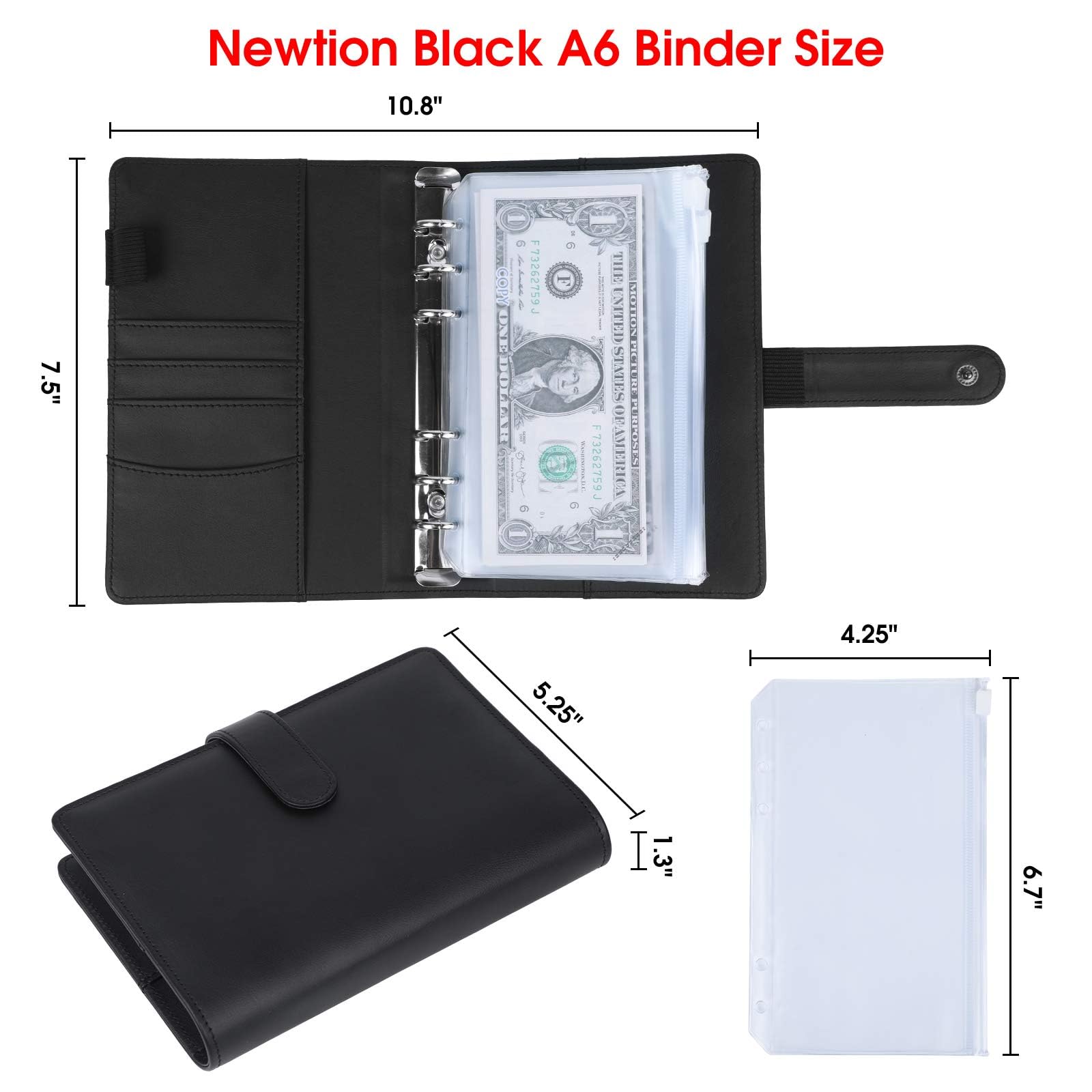 Newtion - Raccoglitore formato A6 e 12 buste trasparenti in PVC, con buste per contanti per budgeting, mini tasche per raccoglitore, buste per budget e budget