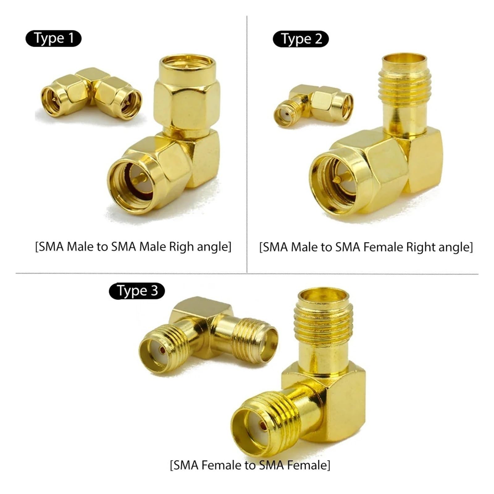 Adaptateur coaxial SMA mâle vers SMA mâle à angle droit de 90 degrés 50 Ohm pour antenne WiFi de drone FPV (type 1, 1 pièce)