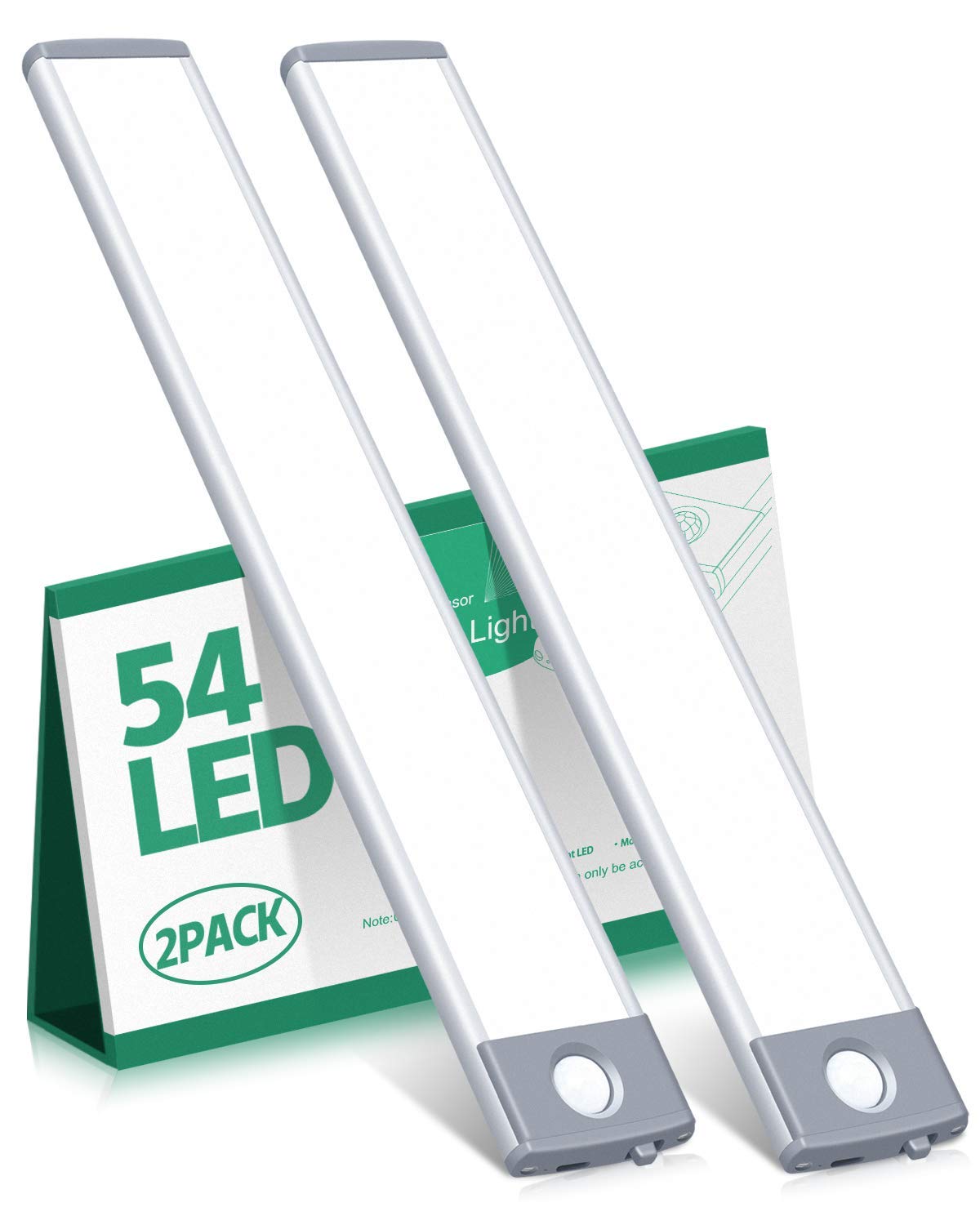 HIBOITECLED Motion Sensor Cabinet Light 2500mAh 2 Packs Rechargeable Under Counter Closet Lighting, Wireless Night Light with 54 LEDs for Cabinet, Wardrobe, Kitchen, Hallway, Stairs