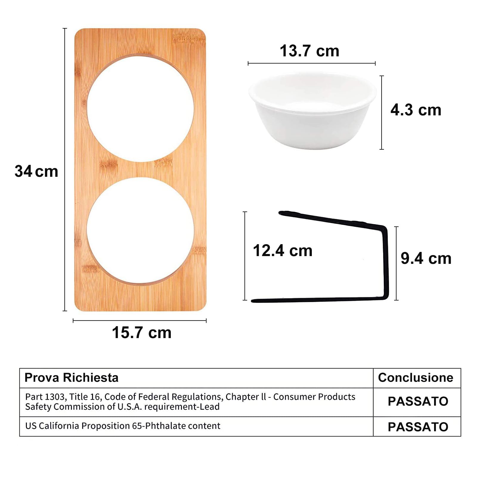 FUKUMARU Ciotola per Gatti e Cani Rialzata,Ciotola per Cibo per Gatti Inclinata di 15°, con Bambù Antiscivolo e Supporto in Metallo,Ciotola in Ceramica di Alta Qualità del Diametro di 14 CM.