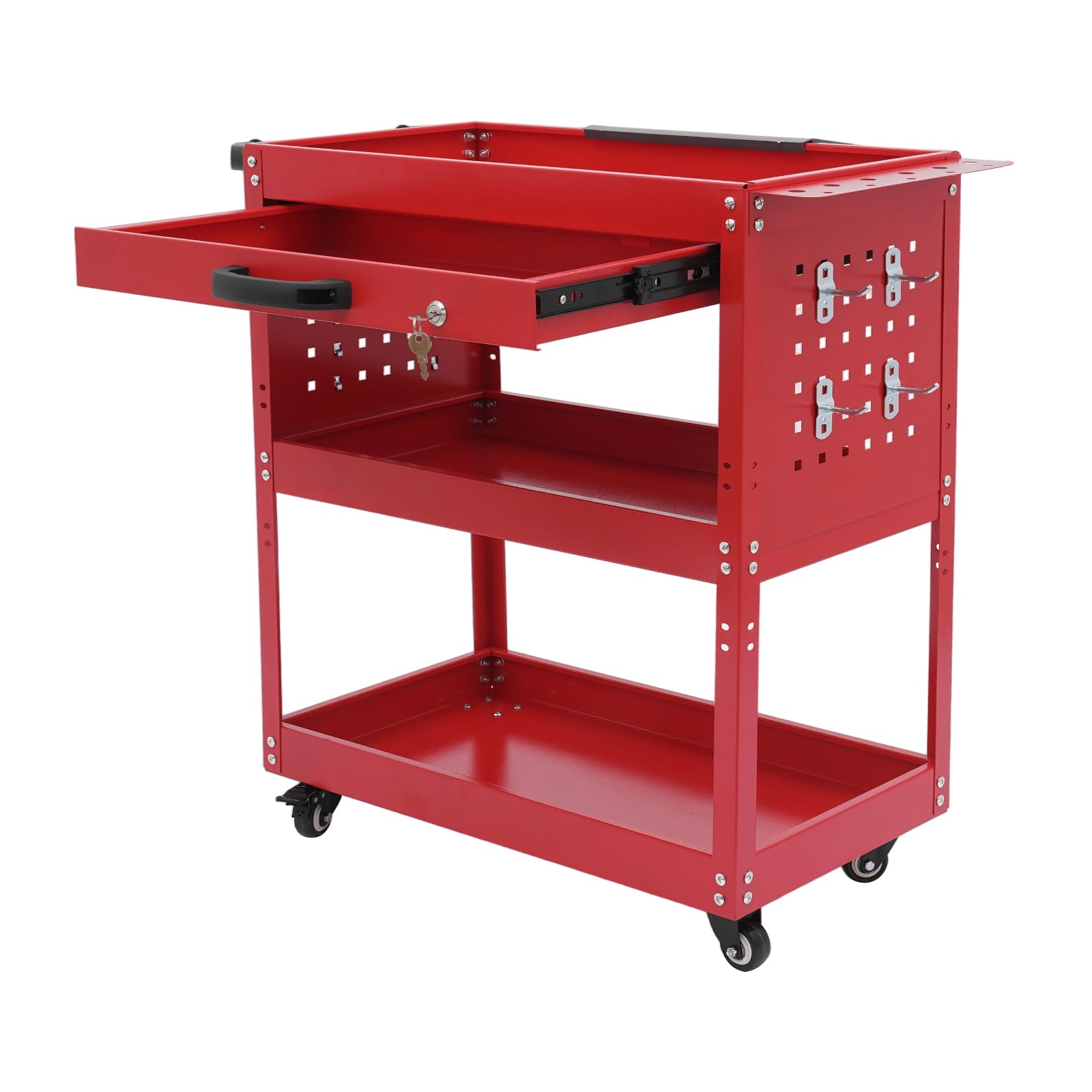 Carro de herramientas con capacidad de carga de 250 kg, con asa, carro de taller, carrito de transporte, carro de montaje con 3 niveles (rojo)