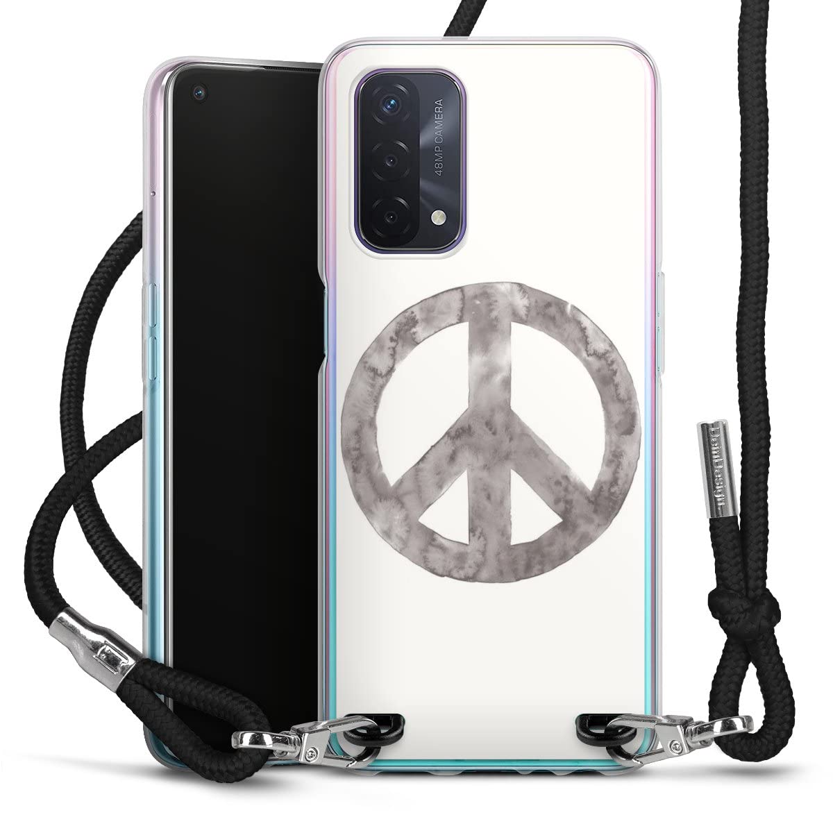 DeinDesign Carry Case kompatibel mit Oppo A54 5G Hülle mit Band Handykette zum Umhängen schwarz Peace Hippie Muster