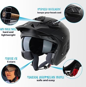 VINZ Kioto Jet Helmet / Streetfighter Helmet ECE 22.06 Approved Motorcycle Helmet Scooter Helmet with Sun Visor / Sun Visor Jet Helmet with Removable Chin Guard