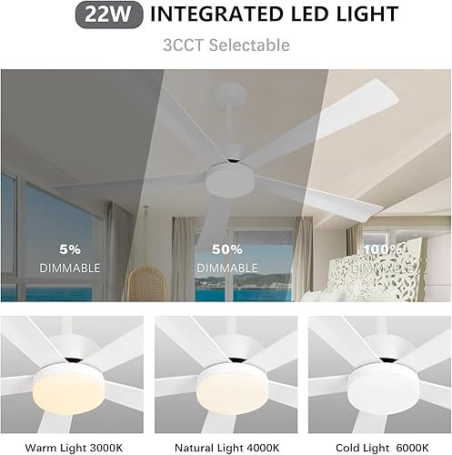 Miniatura 3 de Ventilador de techo de 5 aspas con blanco claro, 52 pulgadas, con control remoto, luz LED regulable de 22 W, motor de CC, 6 velocidades, reversible,