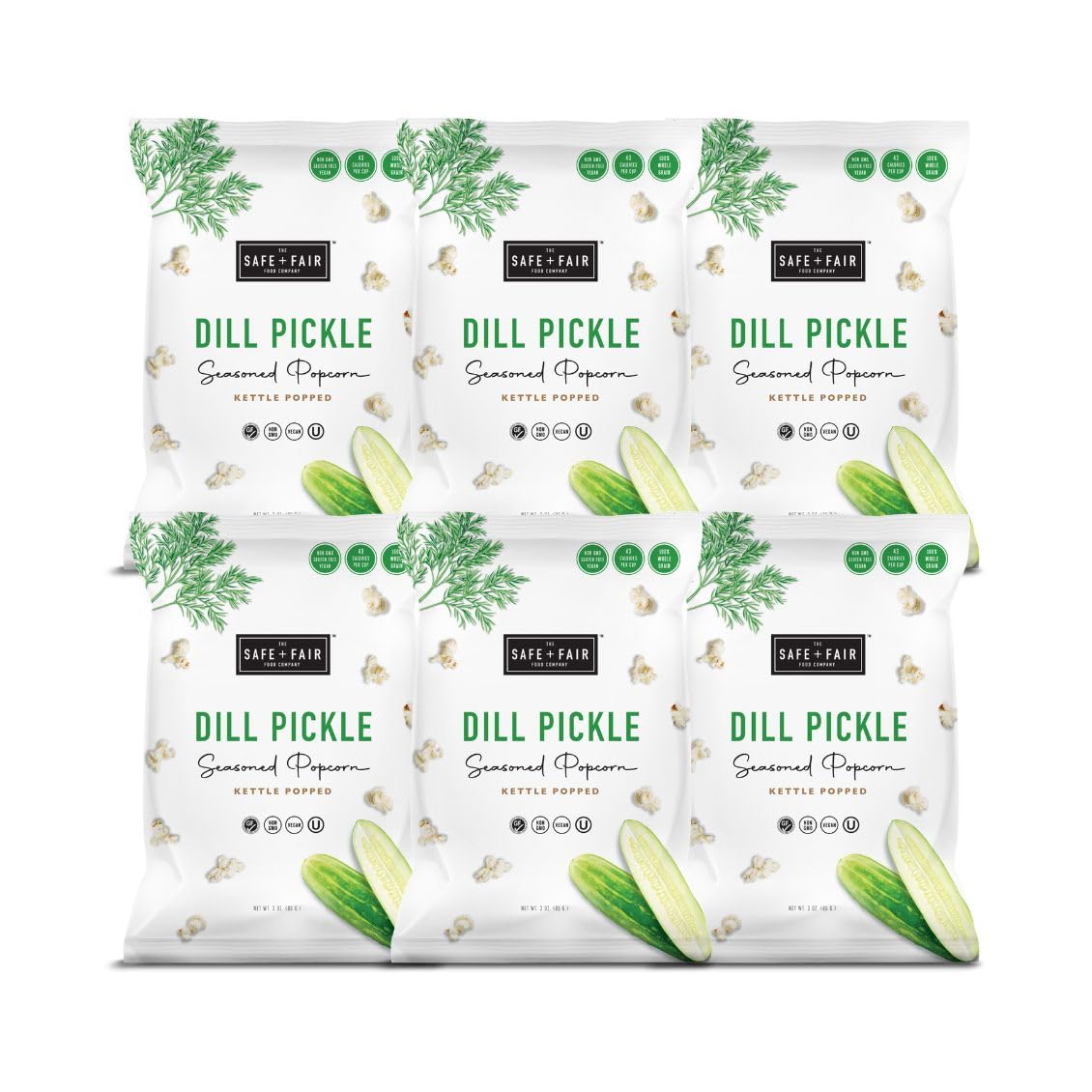 Safe + Fair Plant Based Gourmet Dill Pickle Seasoned Popcorn - Dill Pickle Seasoned Popcorn Non-GMO + Gluten Free + Vegan + Kosher Snacks (3 oz bag - 6 pack case)