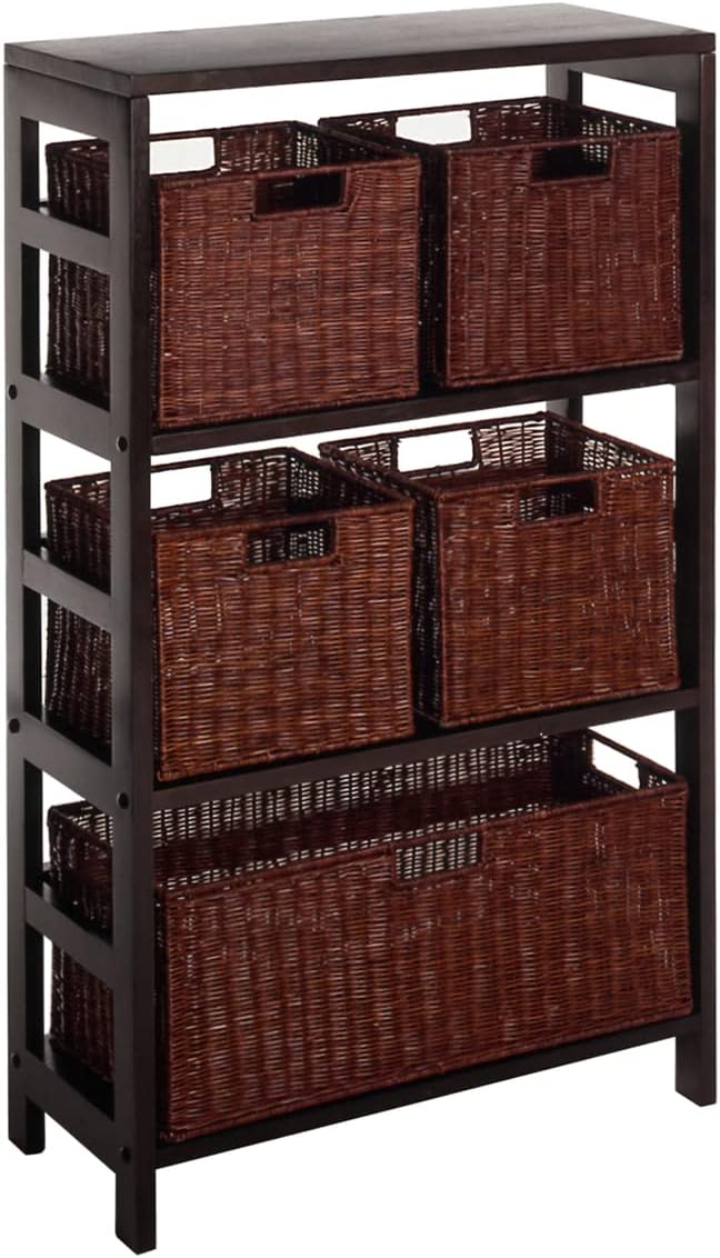 Winsome Wood Leo Wood 4 Tier Shelf with 5 Rattan Baskets - 1 large; 4 small in Espresso Finish