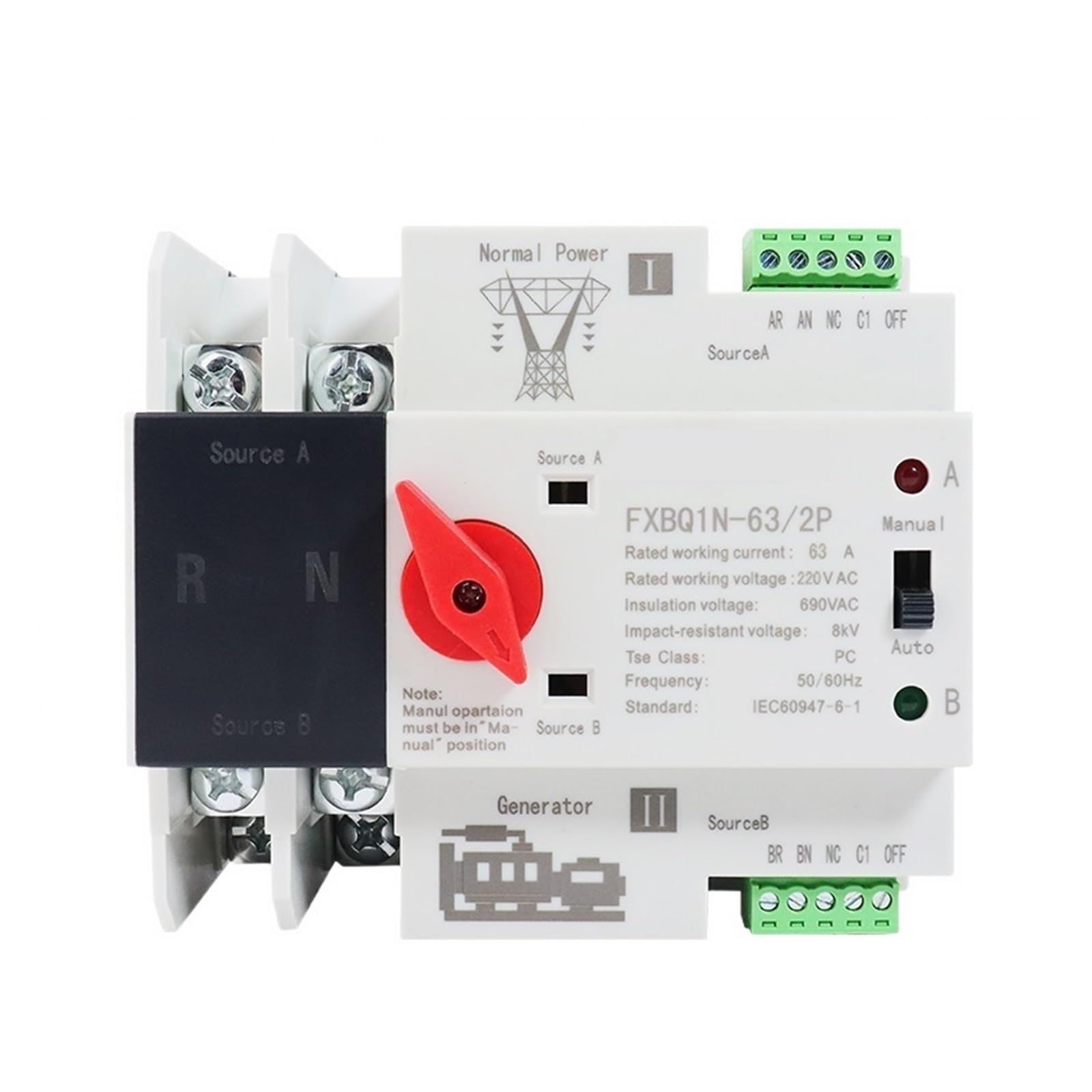 Commutateur de transfert automatique à double puis 2P Din Rail ATS commutateur de transfert automatique double puissance commutateurs de sélecteur électrique alimentation ininterrompue 220VAC 63A 100A
