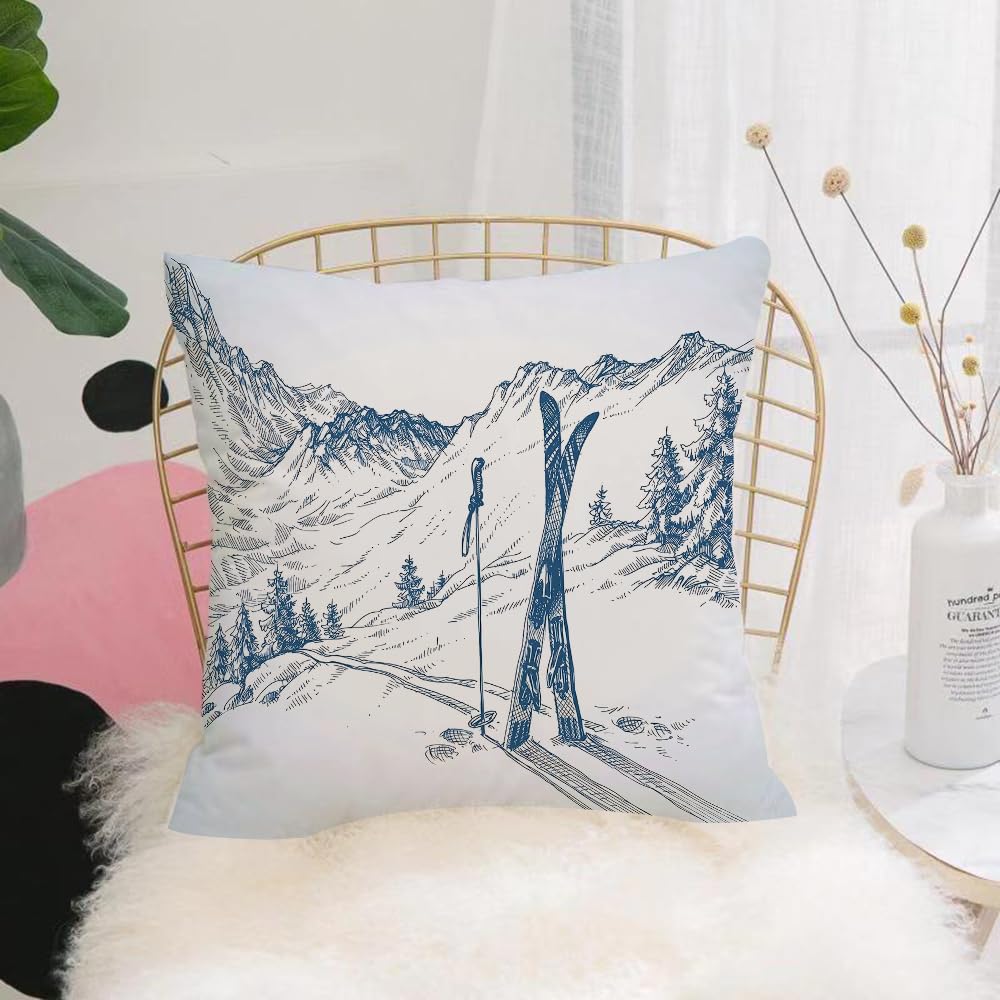 HYMSXW Cushion Cover,Throw Pillow Case Home Decorative for Living Room Bedroom Sofa Chair 20X20 Inch,Hand-drawn style skiing equipment and snow peaks,Pillowcase 50X50cm