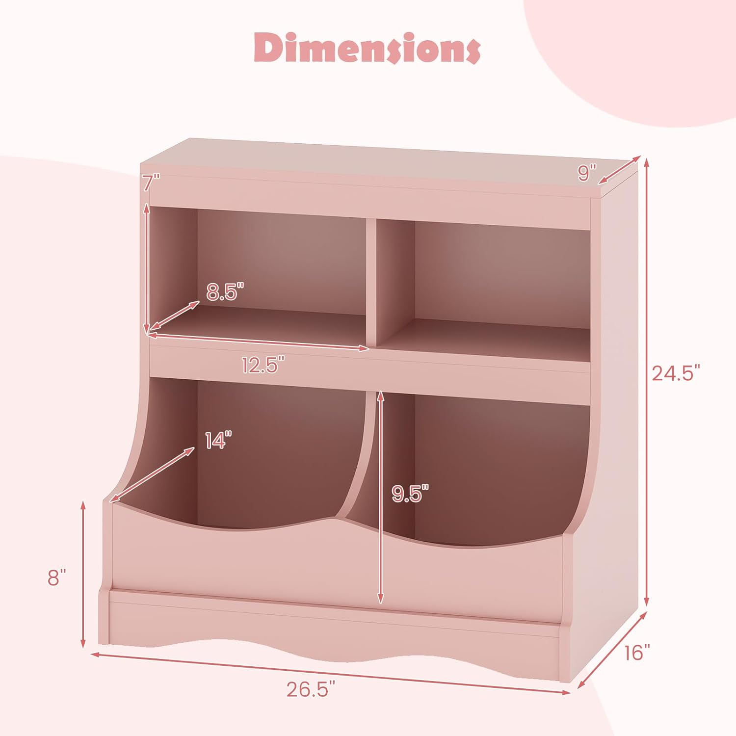 Toy Storage Organizer, Kids Bookshelf w/ 4 Cubbies & Footboard, Playroom Organization and Storage, Book Shelf for Kids Rooms, Living Room, Entryway, Classroom, Nursery (Pink, 4 Cubbies)