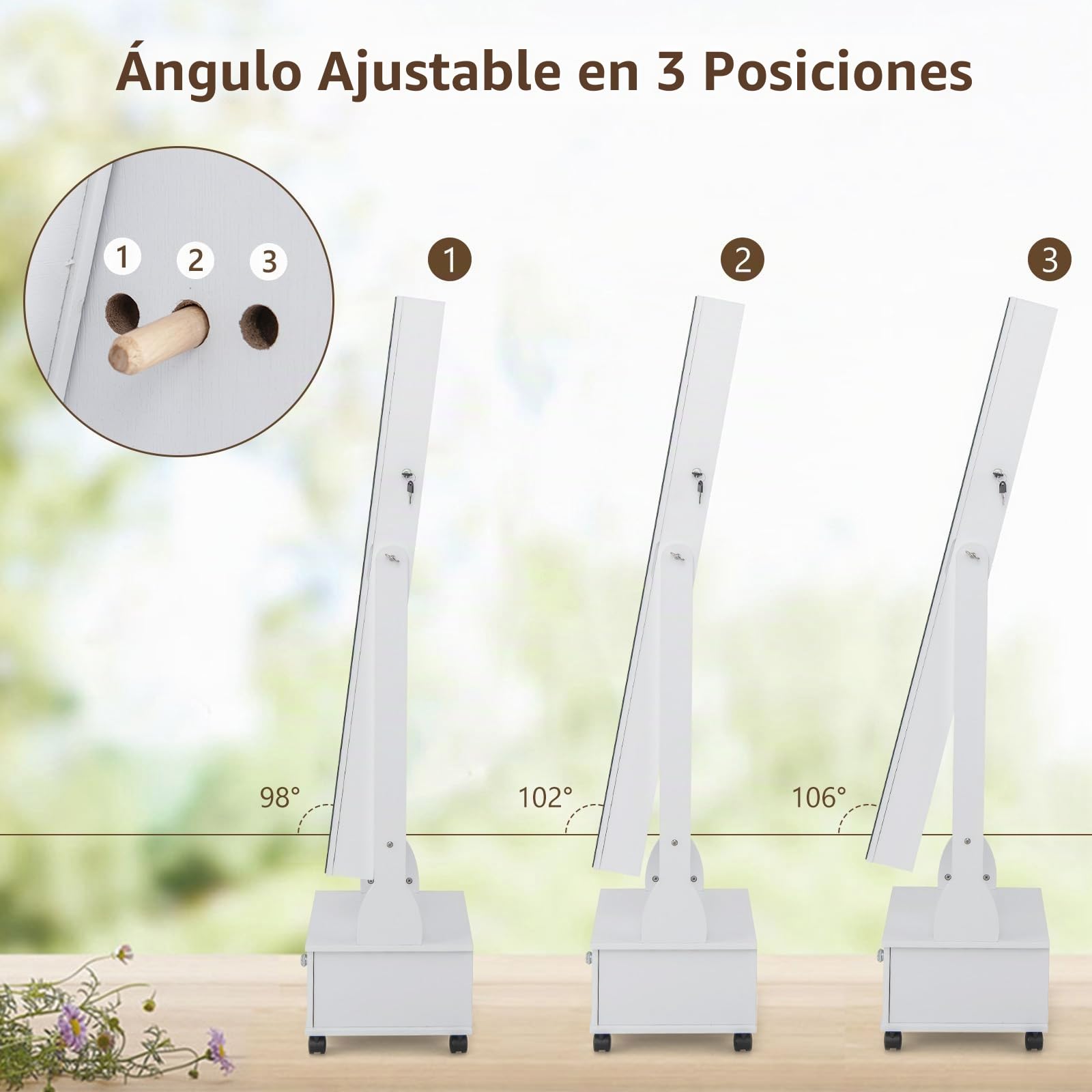 RELAX4LIFE Espejo joyero de suelo, armario joyero con luces LED, 3 ángulos ajustables, 4 ruedas universales, organizador para joyas y accesorios (blanco, 35 x 42 x 159 cm)