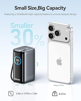 MOKiN Portable Charger 10000mAh, 45W PD Power Bank with Built-in Retractable USB-C Cable, Smart Display Battery Pack, Airline Travel Compliant Charger for iPhone 17/16/15, Samsung Galaxy, iPad & More
