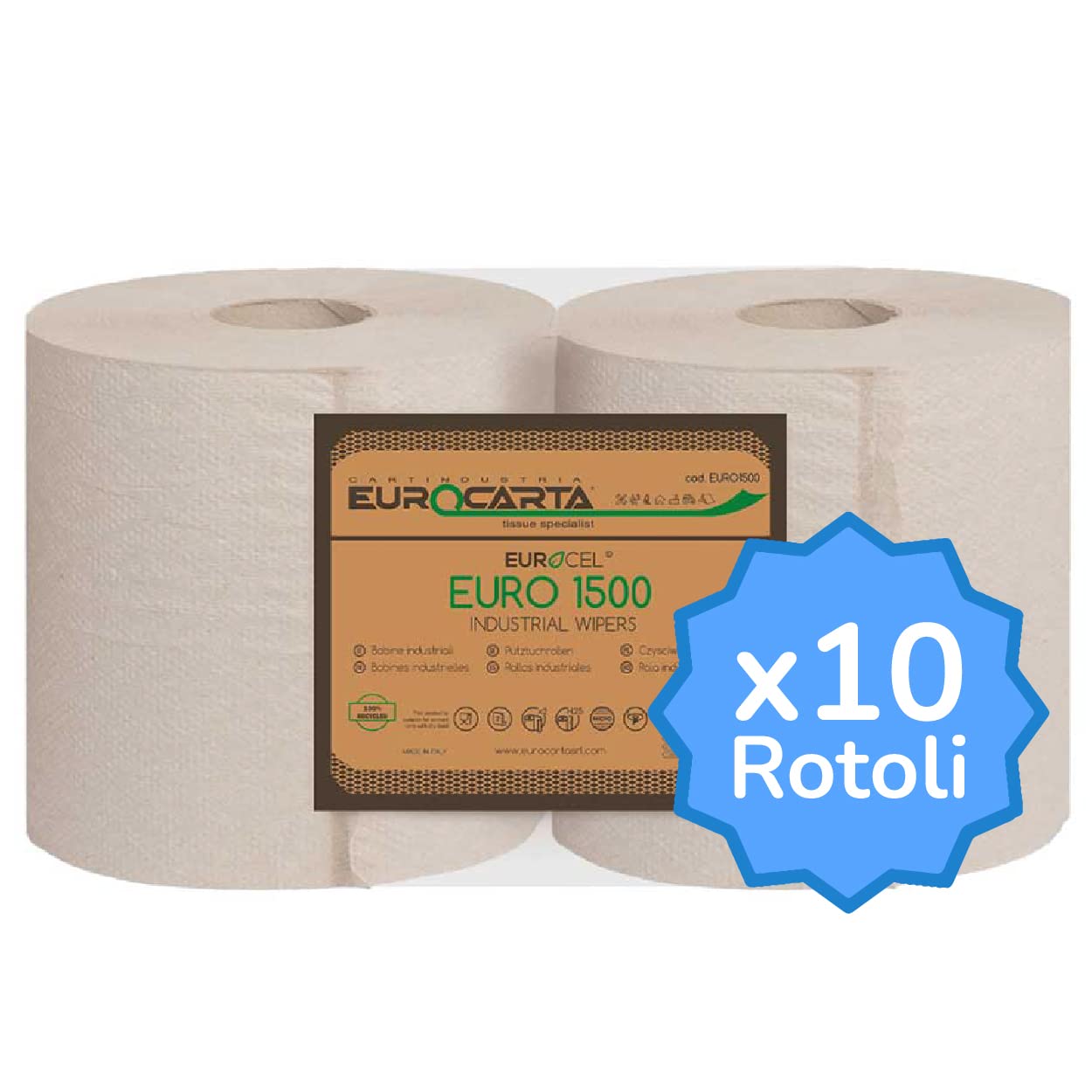 IMBALLAGGI 2000-10 Rotoloni Carta 100% Riciclata 10x800 Strappi, Bobine compatibili con dispenser Ideali per uso casalingo industriale e idonei al contatto alimentare, 10 Rotoli da 800 Strappi