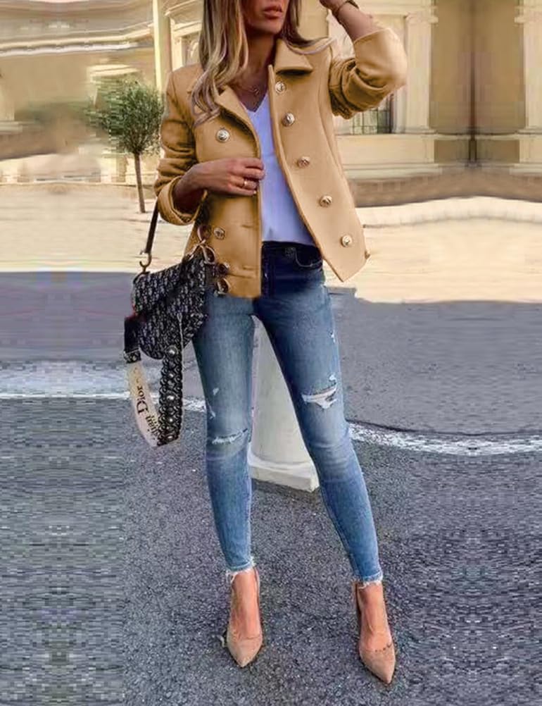 IDEALSANXUN Womens Cropped Wool Coat Fall Winter Double Breasted Peacoat Dressy Blazer Jackets - Image 4