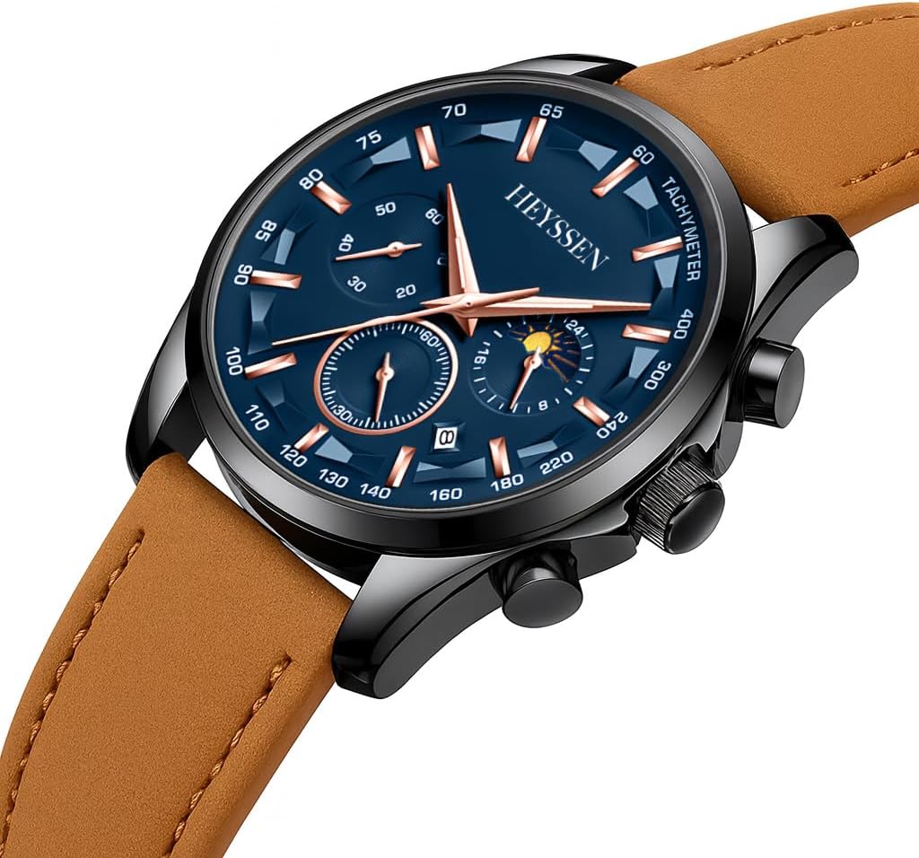 Watches for Men Chronograph Analog Luminous Quartz Watch Blue Black Luxury Genuine Leather Mens Watches Business Sports Waterproof Wristwatch Elegant Gift for Him - Image 7