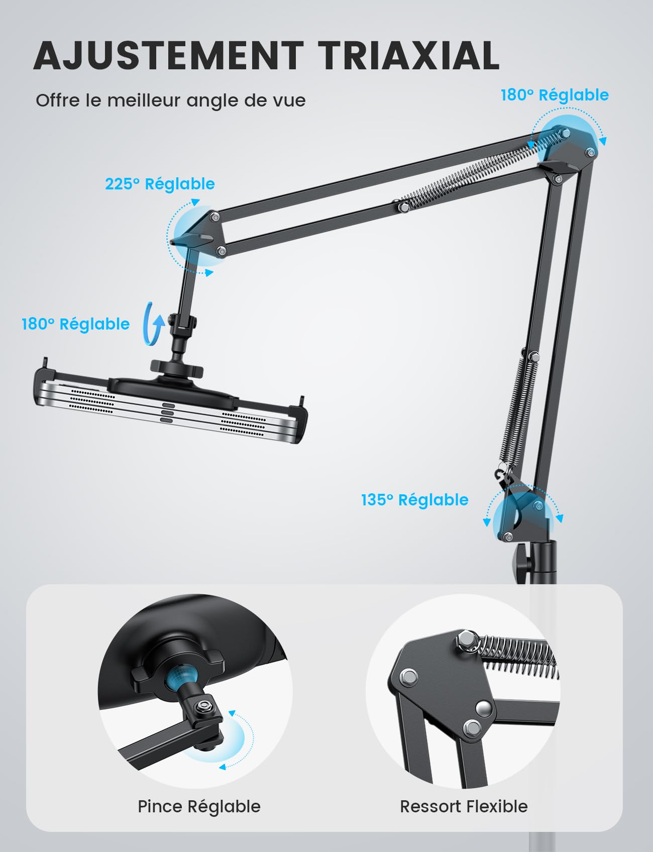 Lamicall Support de Sol pour Tablette - [Hauteur & Angle Réglables] 360° Rotation, Base Résistante, Support Réglable et Pliable en Métal pour iPad, iPad Pro, Air, Mini, Kindle, 4,7" - 13" Appareils