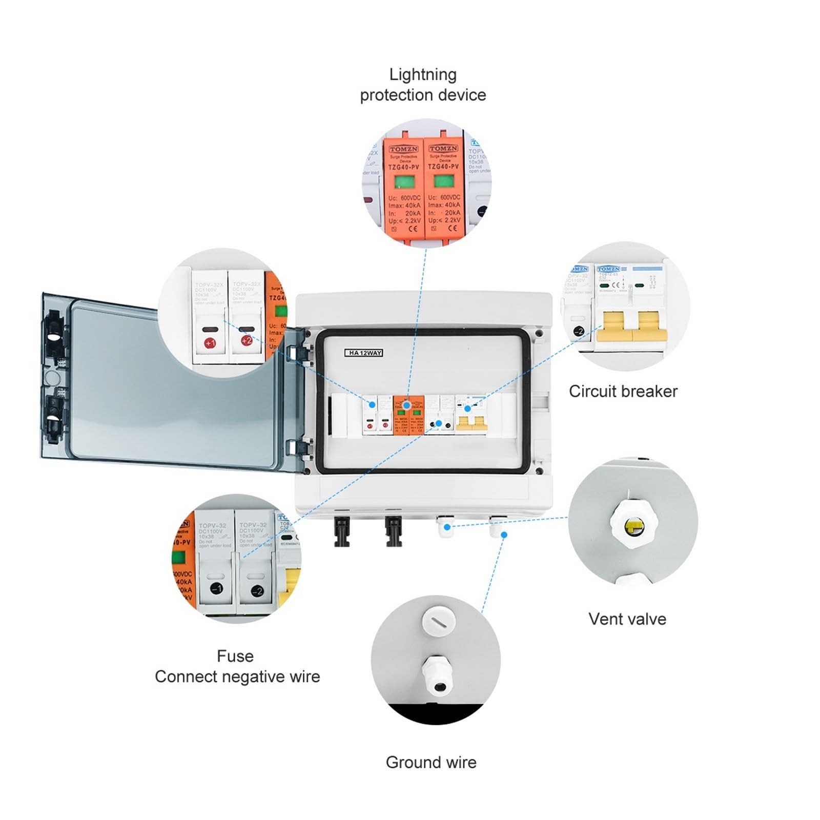 RWRAPS Scatola combinatrice Solare fotovoltaica con Protezione Contro i fulmini 2 ingressi 1 Uscita Scatola Impermeabile con Fusibile DC 600V IP65 12 Vie (Size : 16A DC)