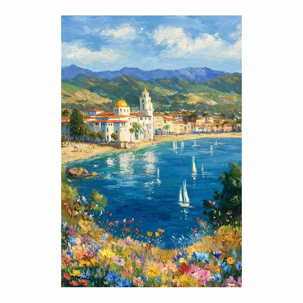 HOQIU Natural scenery wall art Mediterranean Coastsal Town decorative painting, wall art, for Living Room Bathroom Bedroom Kitchen Decoration.(Multicolor)-80x120cm Unframed
