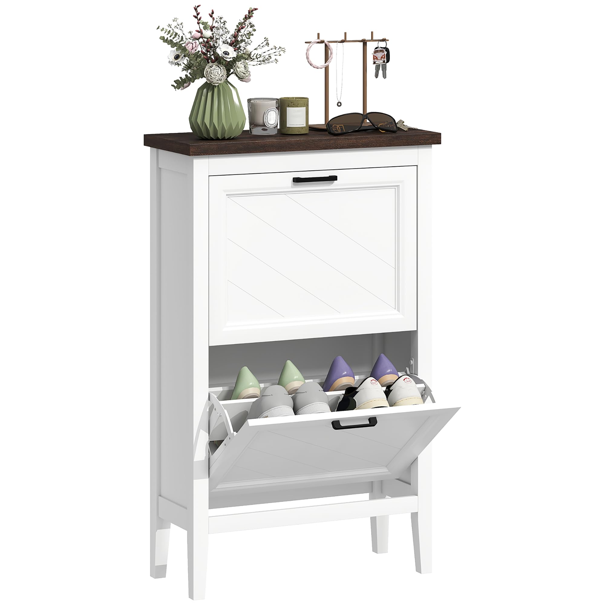 HOMCOM Scarpiera Salvaspazio Slim 2 Ante a Ribalta 8-12 Paia Bianco | Scarpiera Ingresso, Ripiani Regolabili, Porta Scarpe, Design Rustico, per Corridoio Soggiorno Ingresso