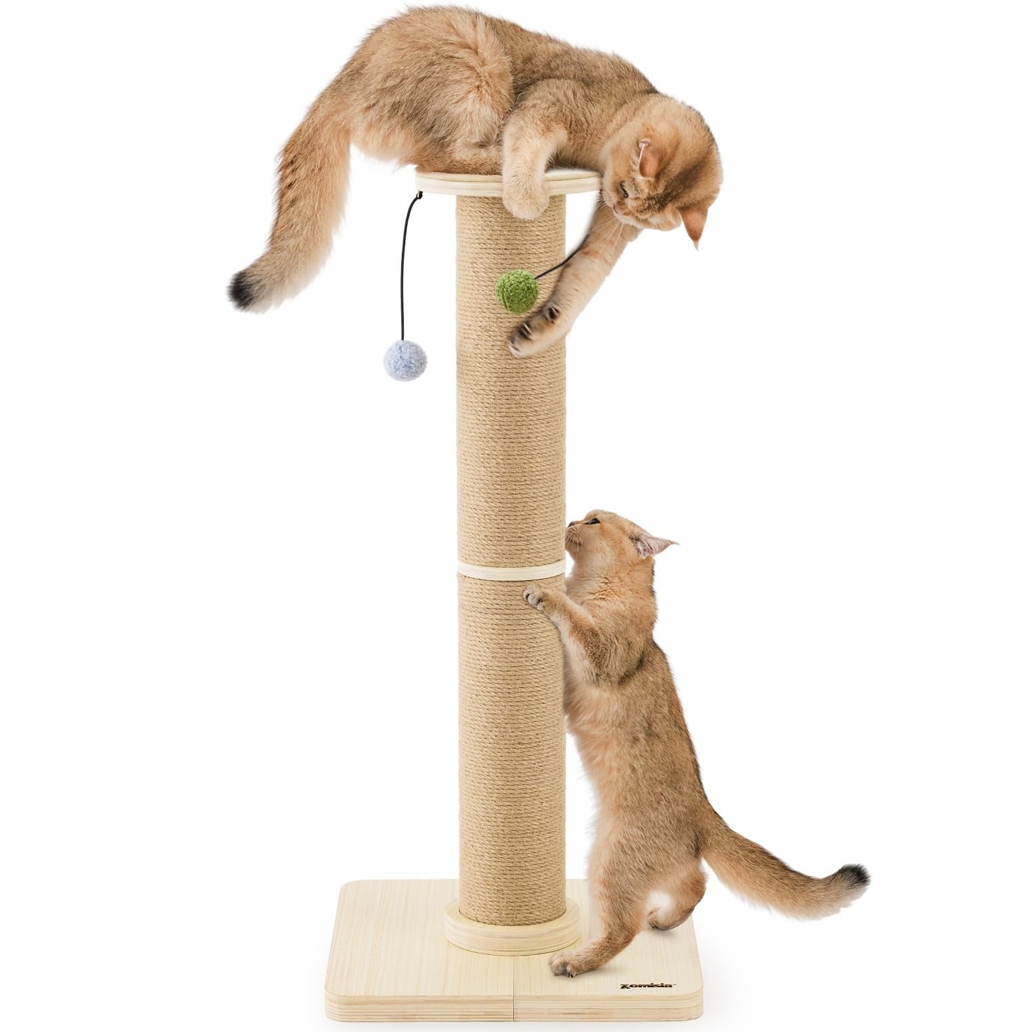 ZOMISIA Kratzbaum für Wohnungskatzen, 88 cm Hoch | Stabiler Sisal-Katzenkratzbaum, 12 cm Dicke Säule, Verstärkter Holzfuß, Hängende Spielbälle