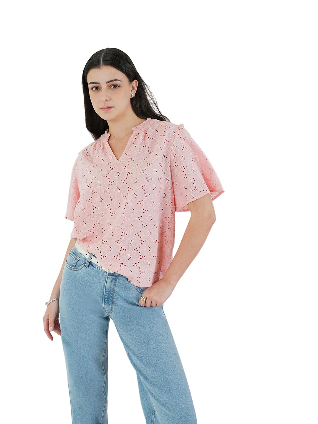 women top casual & vacation | regular fit v-neck flutter sleeve self design schiffli embroidery | lightweight cotton fabric & side slits for summer outings & travel