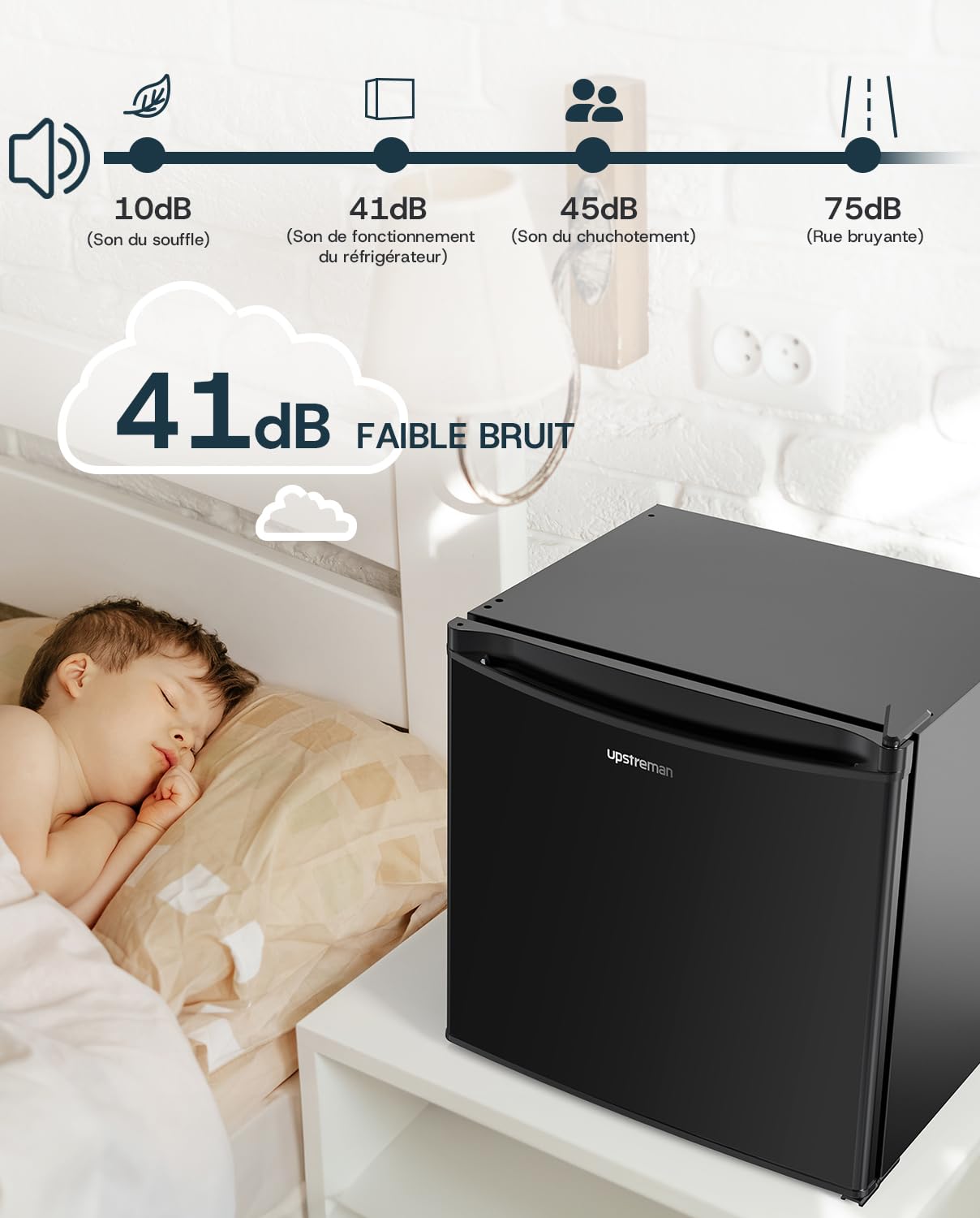 Upstreman Mini Réfrigérateur 46L avec Congélateur, Thermostat Réglable, Porte Réversible, Noir Brillant