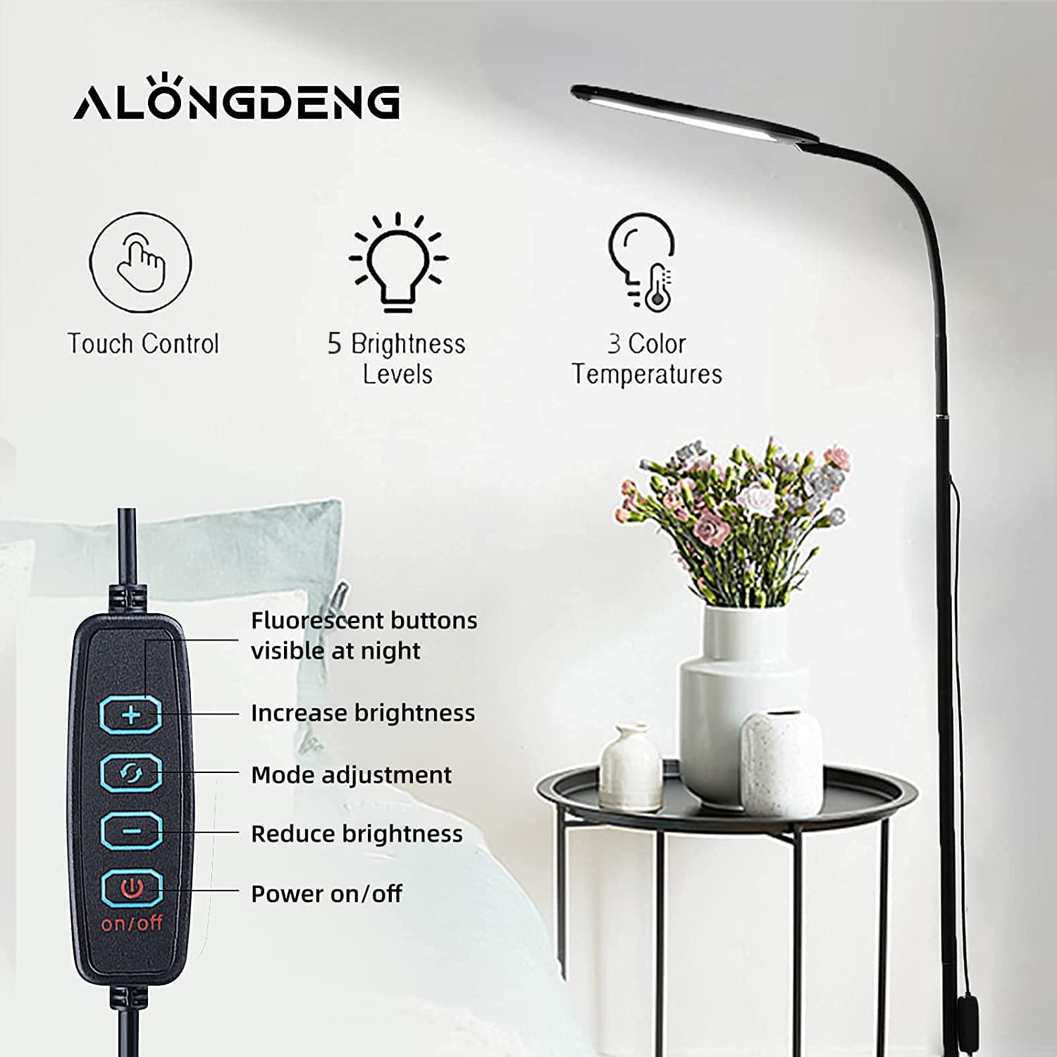ALongDeng LED Floor Lamp with Adjustable Gooseneck, Height Adjustable