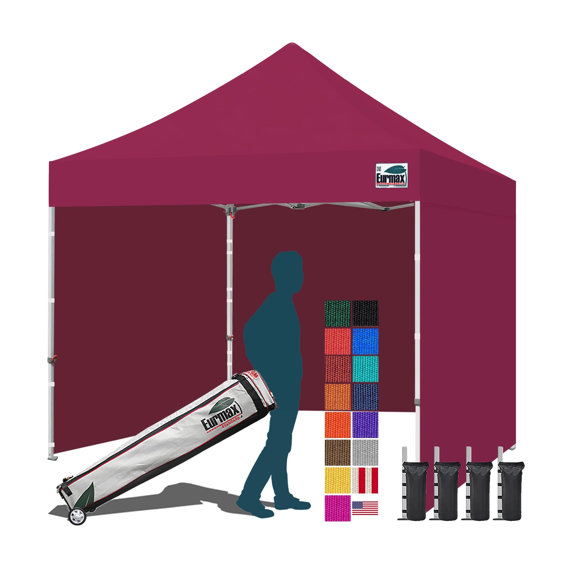 Eurmax USA 10x10 Pop Up Canopy Tent,Commercial Tent with Patented No-Tip Rolling Bag,4 Zippered Removable Walls,UV &amp; Water Resistant Canopy Top,Heavy Duty Outdoor Gazebo,Instant Shelter(Burgundy)