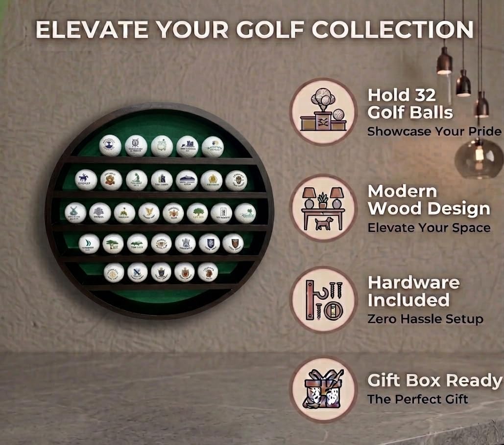 Golf Ball Display Case for 32 Balls – Modern Golf Decor ft. 18” Moon Shelf Design, Solid Wood, Wall Mounted, Dark Brown Finish – Golf Ball Holder & Display Cases for Collectibles image 3