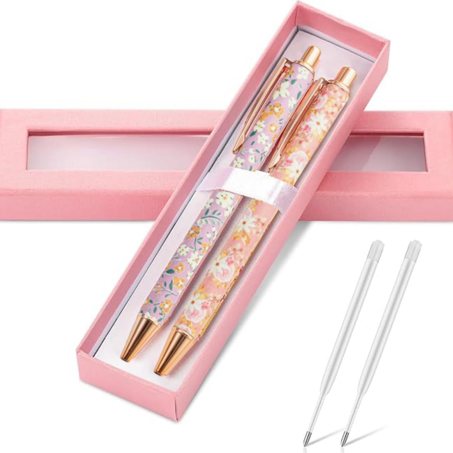 Floral Pens Gift Set for Women - 2 Daisy Ballpoint Pens with Gift Box & 2 Refills | Retractable Metal Pens for Smooth Writing | Christmas,Birthday,Teacher Gifts,Ladies Stationery (Pink, Black)