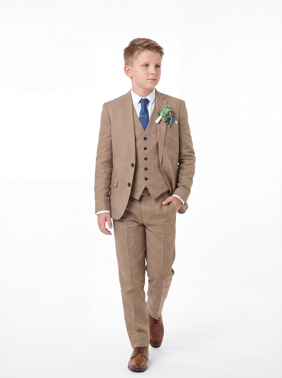 Boys Linen Suits 3 Pieces Blazer Vest Pant Lightweight Summer Classic Fit Solid Formal Beach Communion Easter Suit