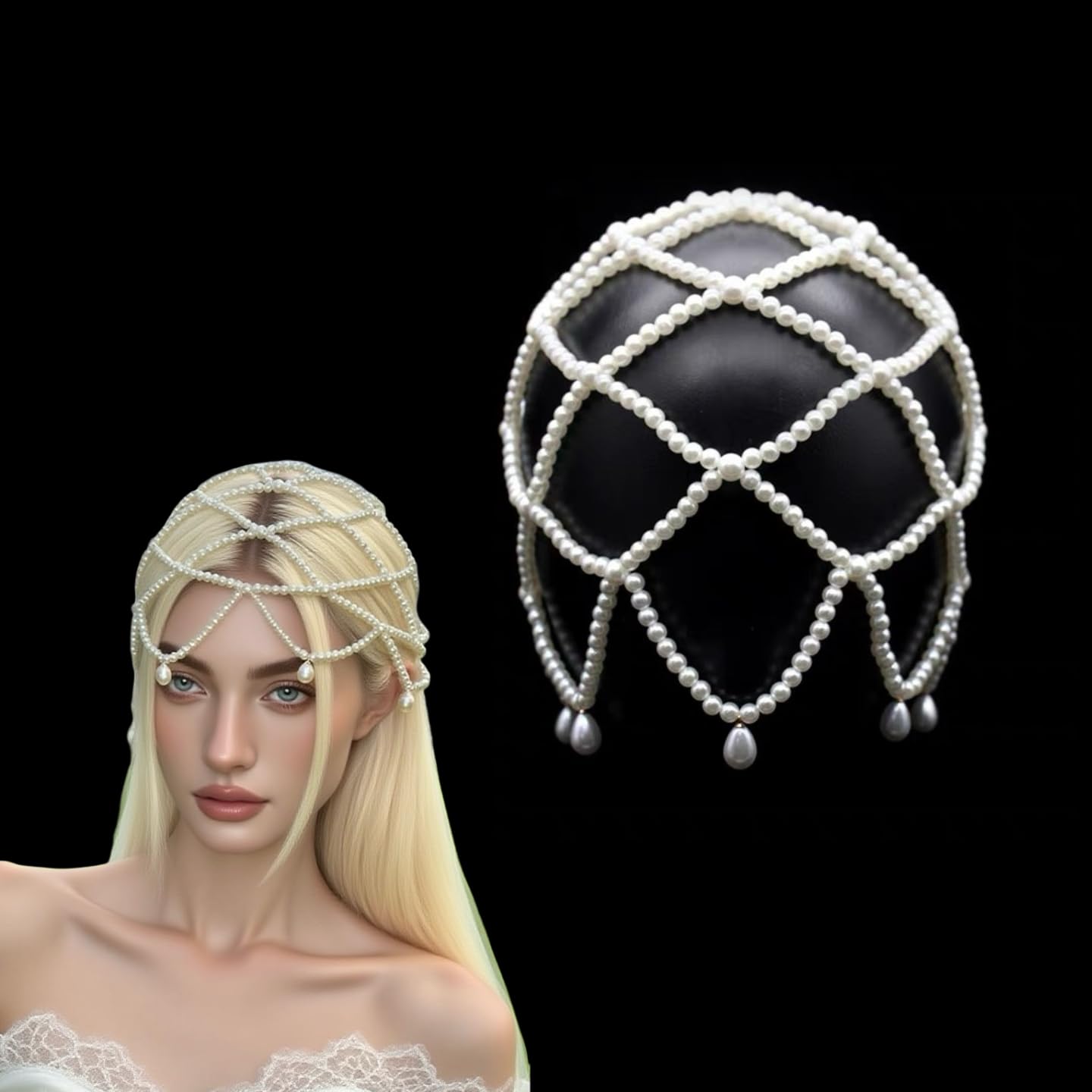 Amazon.com : Retro White Pearl Hair Cap Boho Pearl Head  display picture 2
