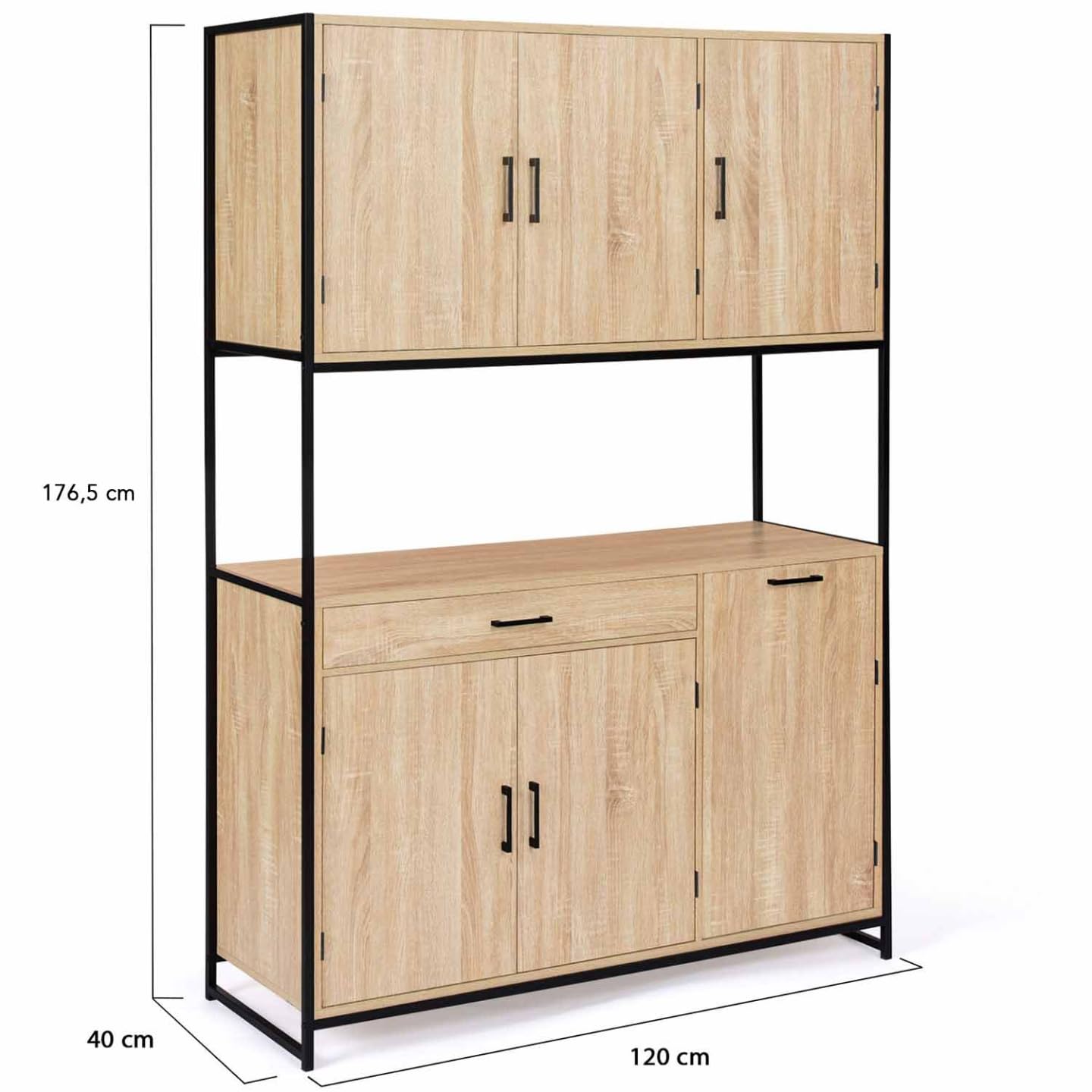 IDMarket - Aparador de cocina (120 cm) DETROIT mueble 6 puertas diseño industrial + cajón
