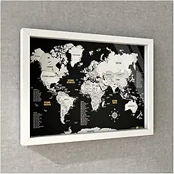 Quadro Box (c/Vidro) - Mapa-Múndi Preto e Branco (Black) + 100 Pins Alfinetes (45x32 / 63x45cm)