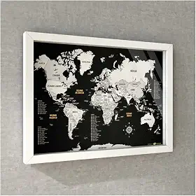 Quadro Box (c/Vidro) - Mapa-Múndi Preto e Branco (Black) + 100 Pins Alfinetes (45x32 / 63x45cm)