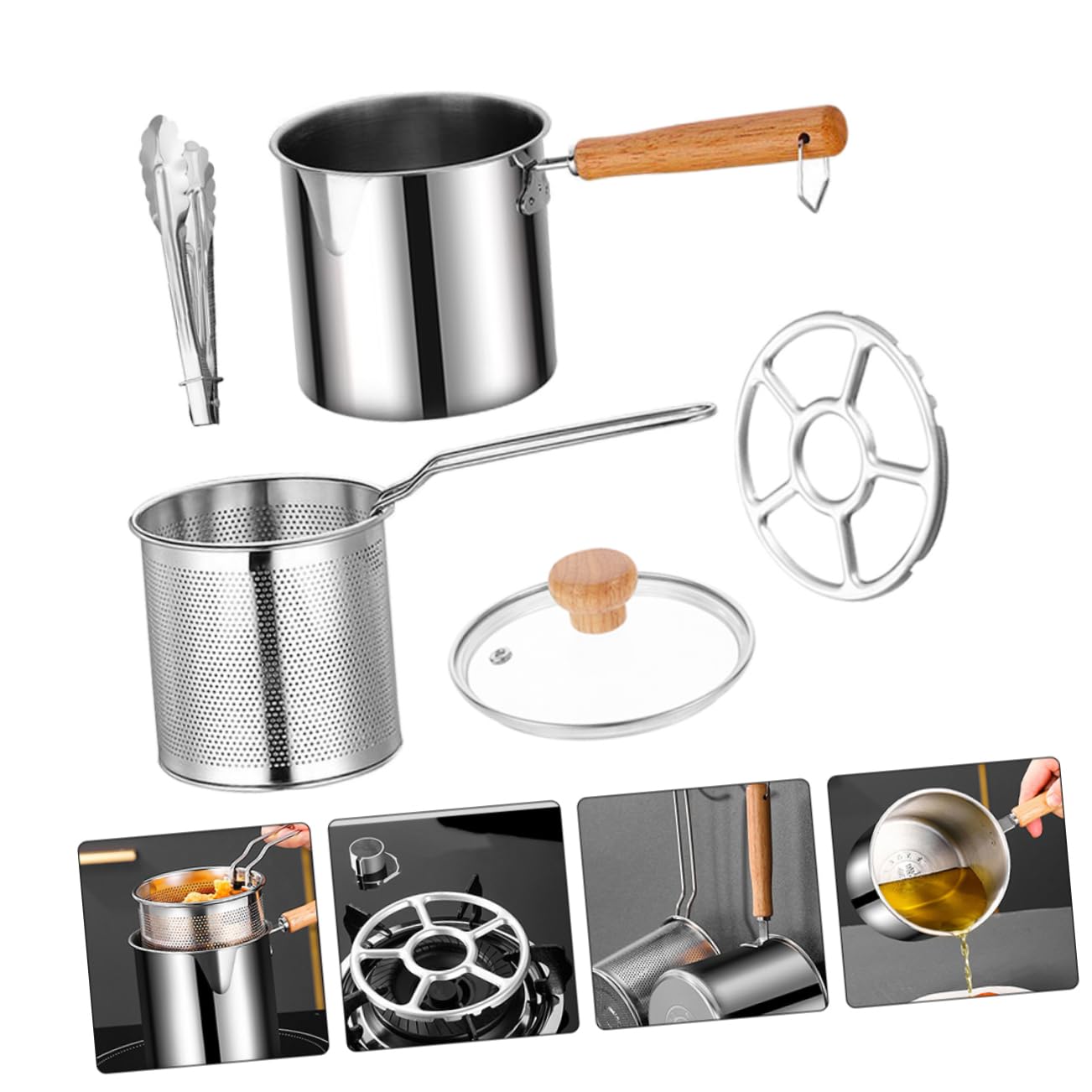 MOLUCKFU 1 Set Non Stick Deep Fryer Pot Frying Pan with Strainer for Home Kitchen Fry Pot with Transfer and Design for Housewarming