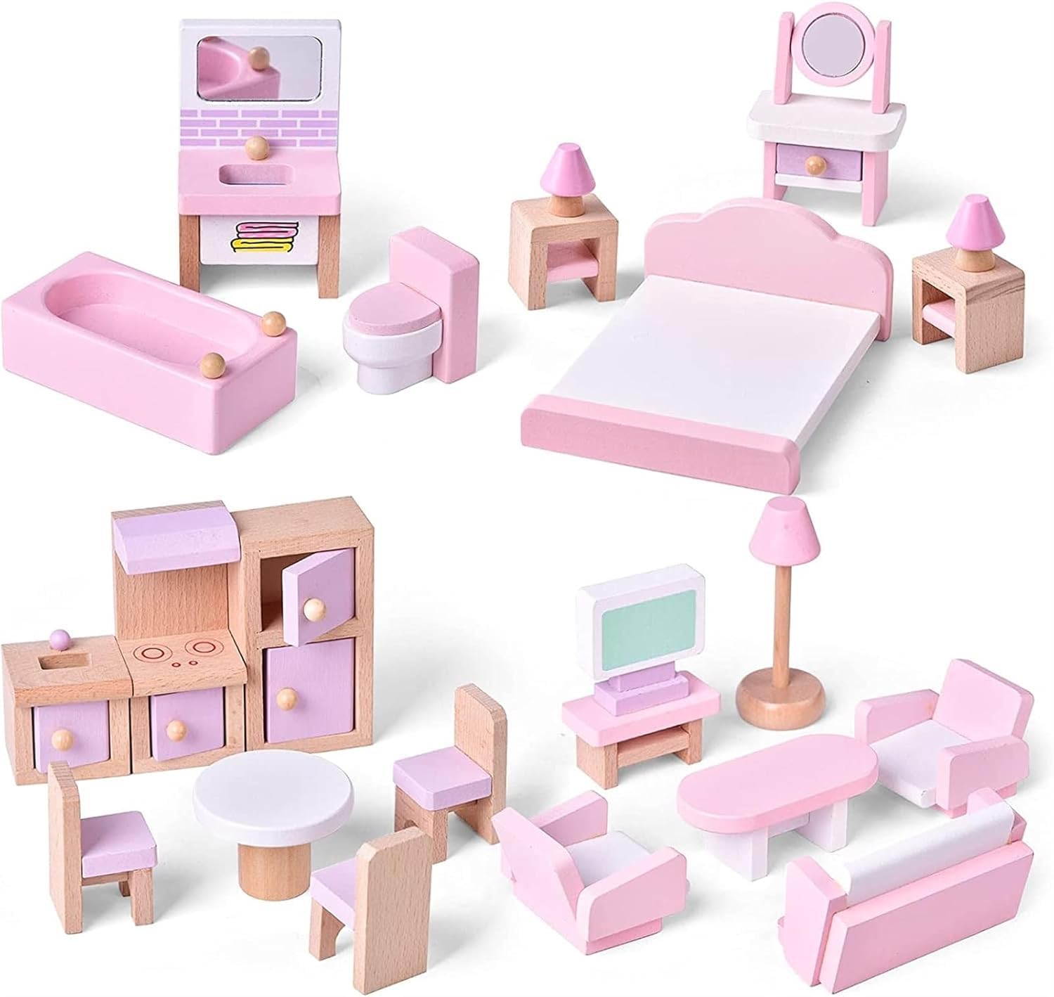 THE WHITE SHOP Wooden Dollhouse Furniture Set, 22 Pcs Miniature Doll House Accessories,4 Rooms Wood Pink Dollhouse Accessories Pretend Play Furniture Toys for for Boys and Girls Age Over 3