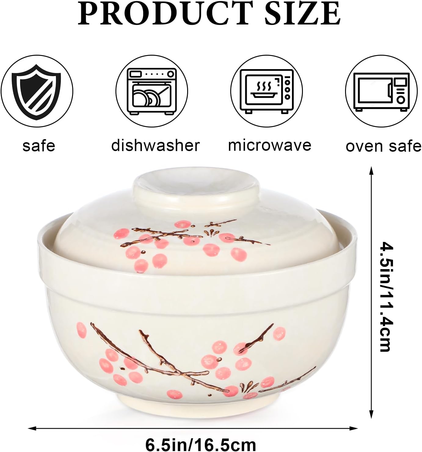 2 Pack Ceramic Ramen Noodle Bowl, 27 OZ Big Ramen Bowl with Lid, Japanese Hand-Painted Ceramic Tableware, Durable Floral Soup Bowl for Noodles, Porridge, Rice, Dishwasher Safe(Pink, Beige)