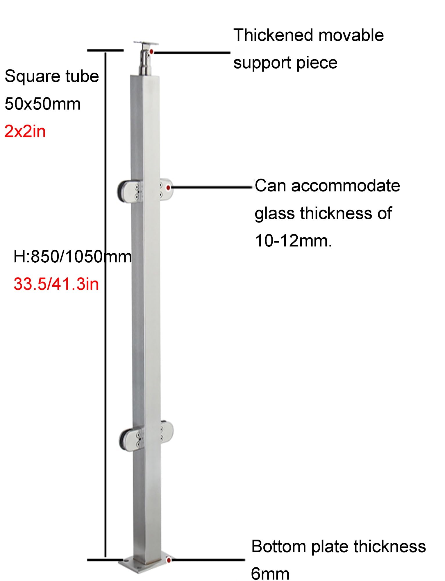 Balaustra in metallo in acciaio inox 304 per corrimano per scale con morsetto in vetro e gomme, altezza 85-105 cm