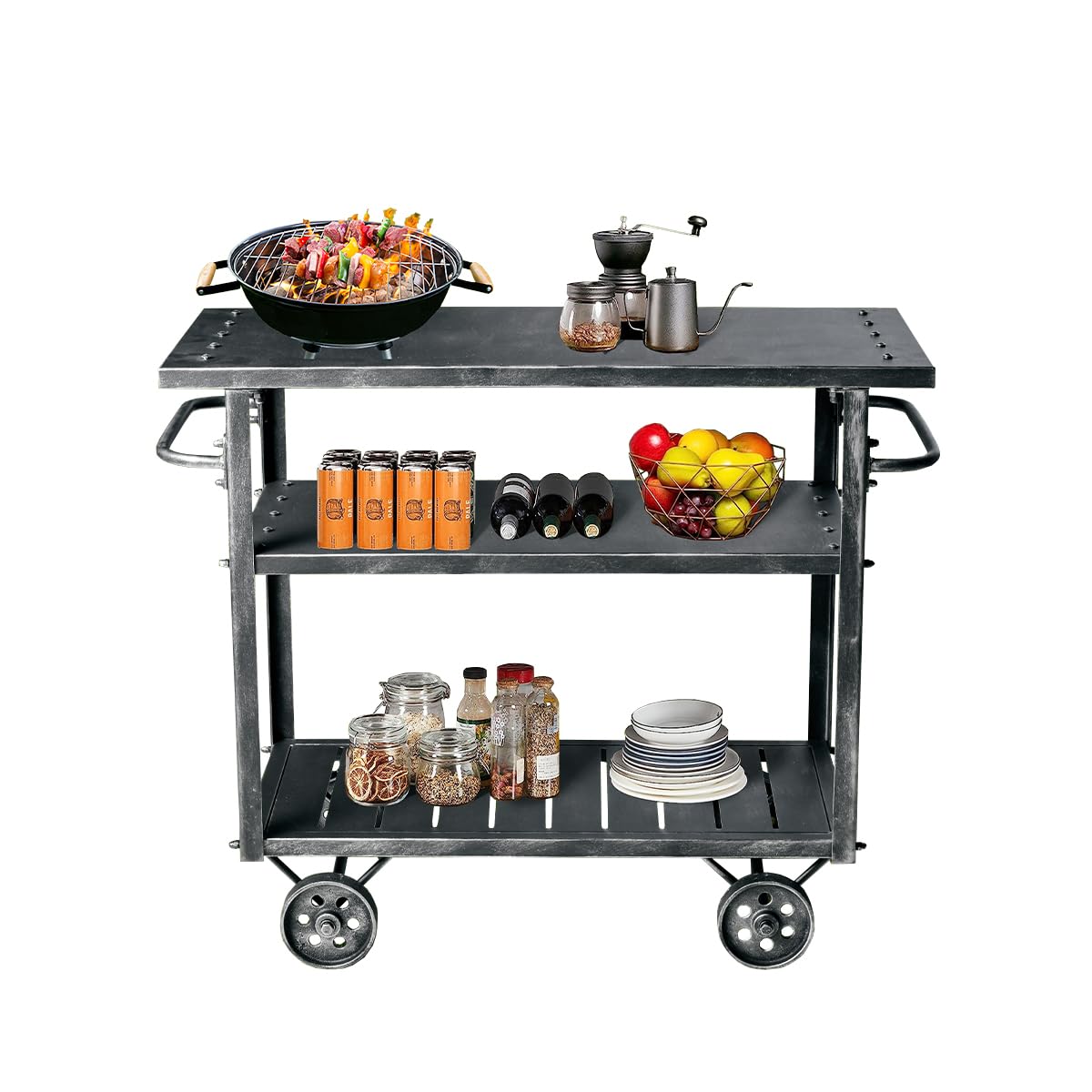 GWAREZModern Industrial Style 3 Tier Kitchen Mobile Storage Rack Rustic Metal Serving Cart with Wheels and Handles BBQ Beverage Trolley -LxWxH: 36.2 * 15.75 * 30.5inch