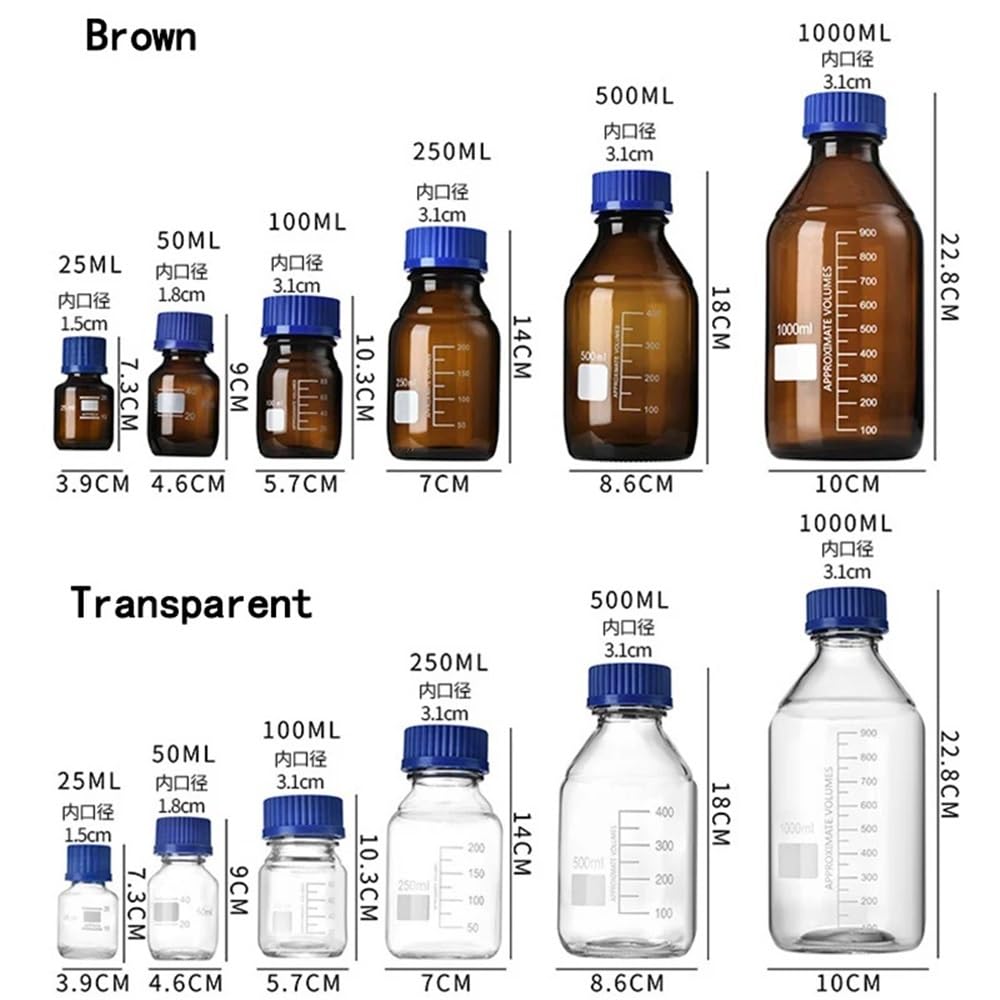 Laborausstattung und -bedarf Messflasche for Reagenzien mit blauem Deckel, transparente/braune Probenflasche aus Glas, 50 ml/100 ml/500 ml/1000 ml/2000 ml