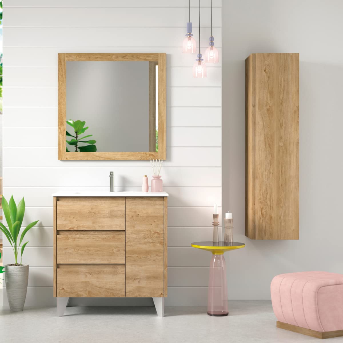 Mueble de Baño al Suelo con Lavabo Cerámico Cervino | Mueble Baño con Patas de 3 cajones y 1 Puerta con Cierre Amortiguado y Organizador Máximo Almacenamiento | Roble Natural | 90cm