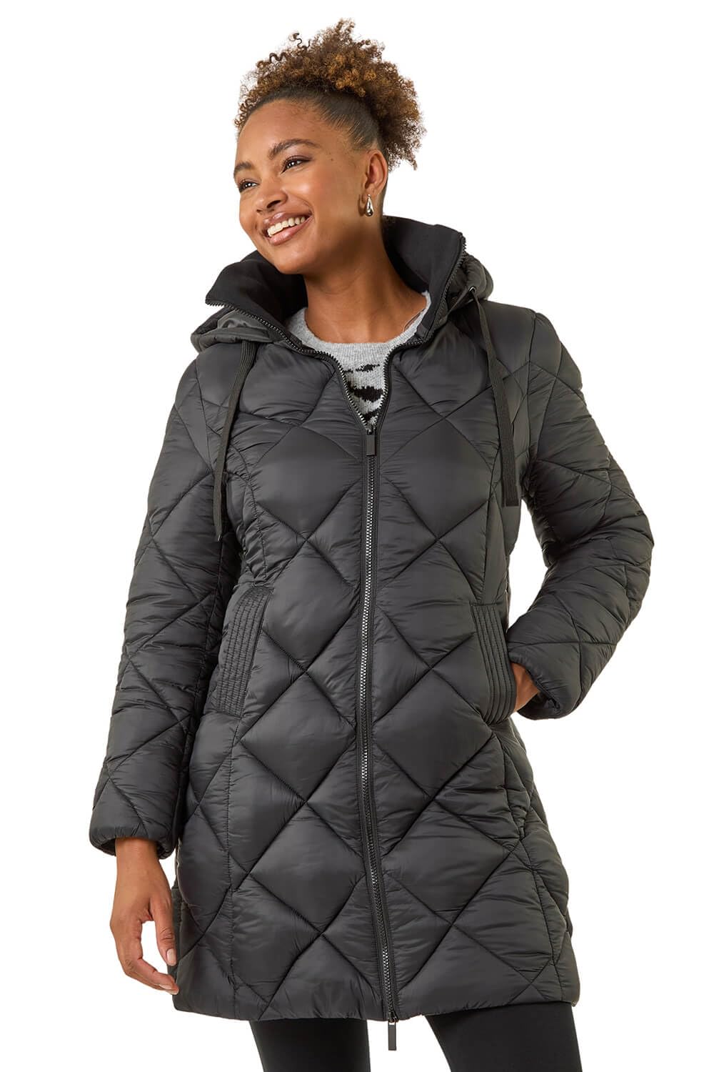 Roman Padded Coat for Women UK - Ladies Longline Puffer Winter Quilted Parka Waterproof Rainproof Wind Resistant Thermal Jacket Long Length Warm Zip Hood Puffa Cosy - Noir - Size 12