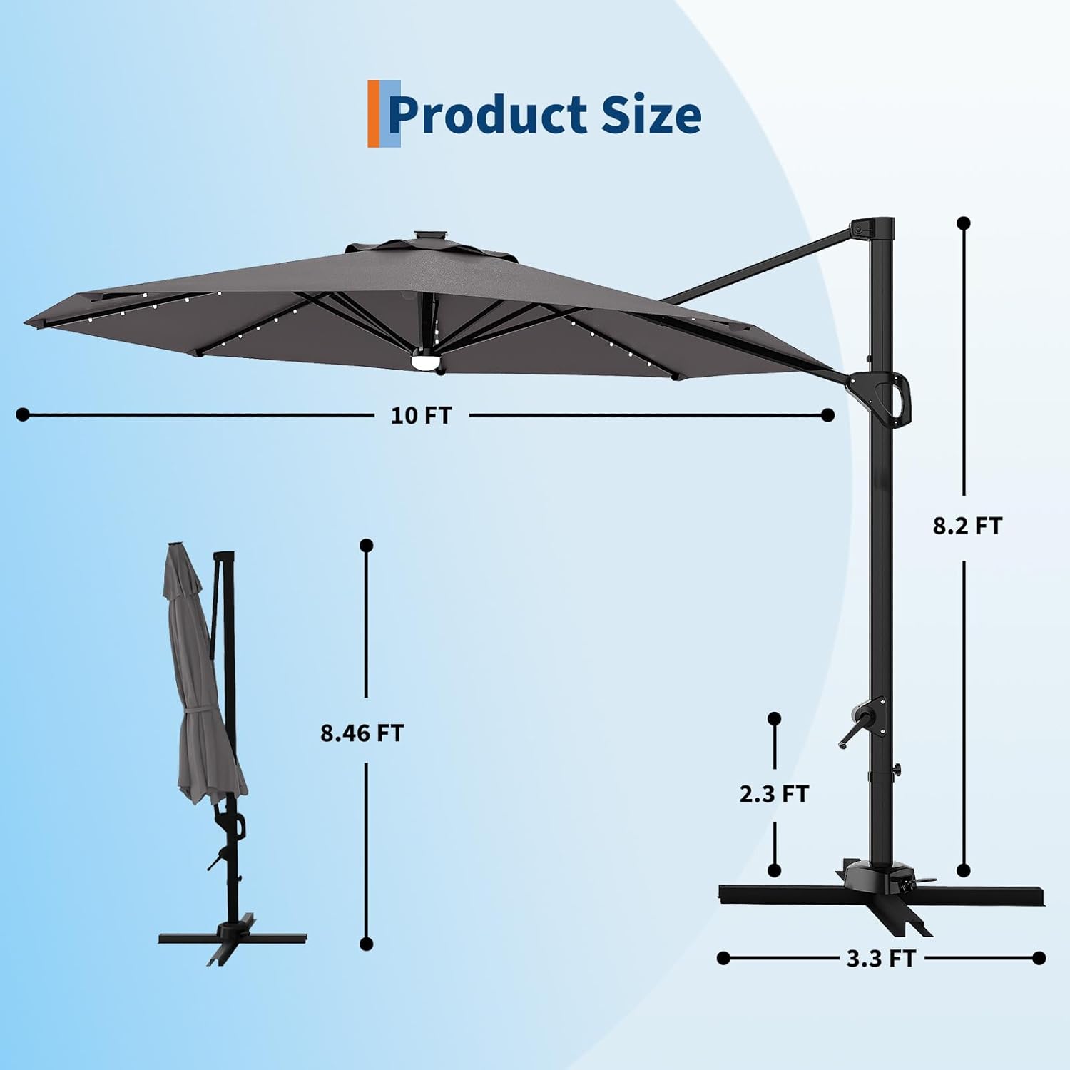 Garvee 10 ft Cantilever Patio Umbrella with Solar Lights, 360° Rotation Offset Umbrella, Easy Crank & Tilt Adjustment, UV Protection for Backyard, Poolside, Deck -Gray - Image 4