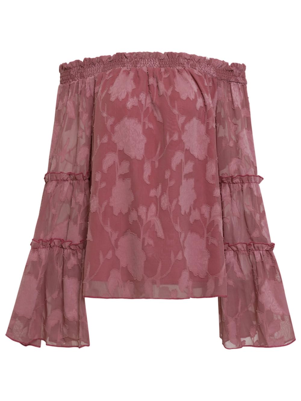 Top Femme Sexy,Chemisier Décontracté pour Femme À Épaules Dénudées Pull Chemise Rose Foncé en Mousseline De Soie Pivoine Jacquard Floral Sexy Évasé À Manches Longues Chemisier Élégant TR